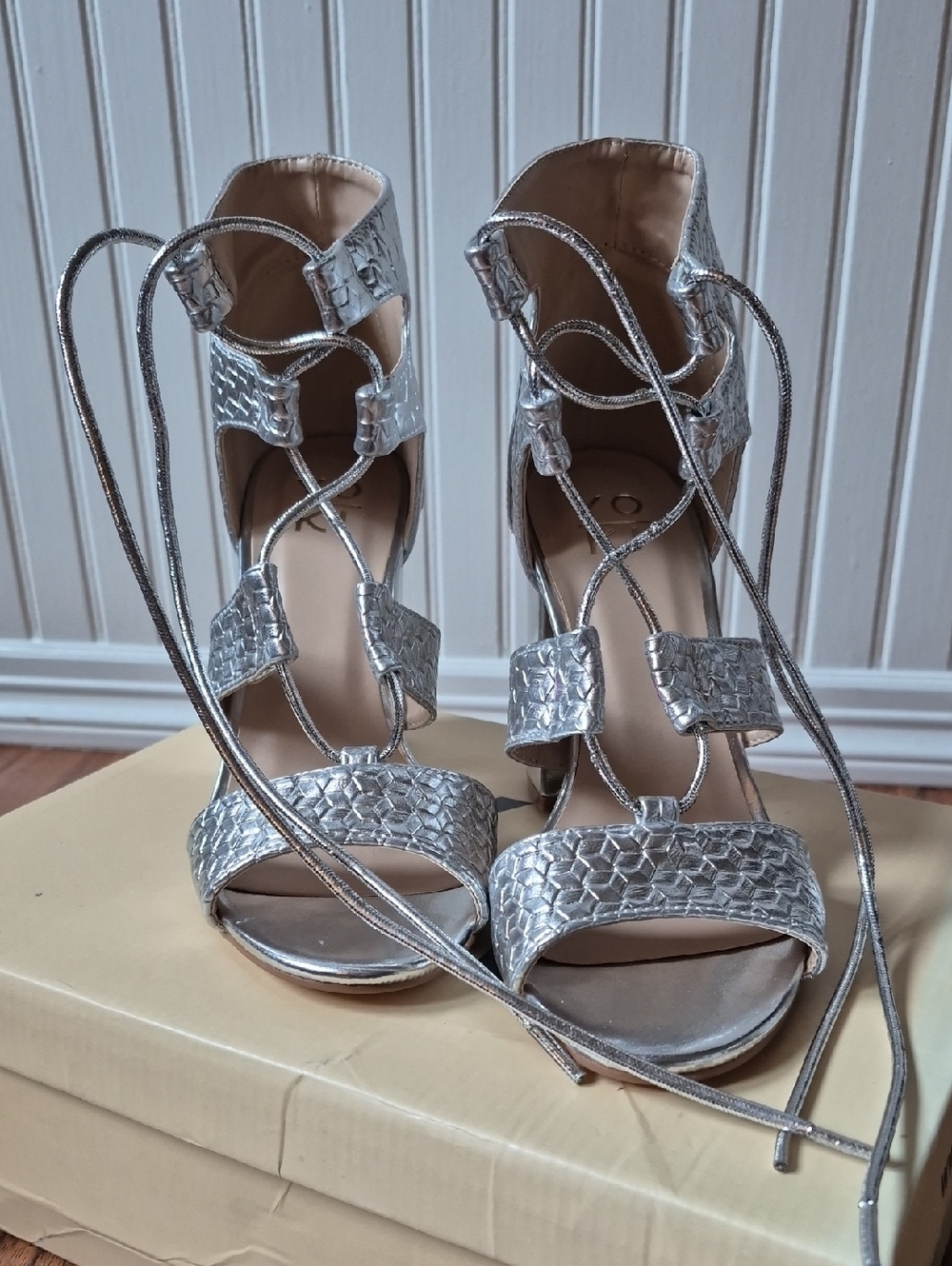 Silver Textured Lace-Up Chunky High Heels